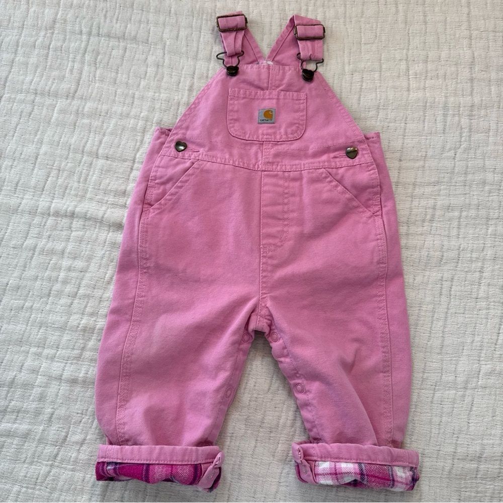 Carhartt Toddler Pink Canvas Bib Overalls Size 12 Months Flannel Lined Bibs